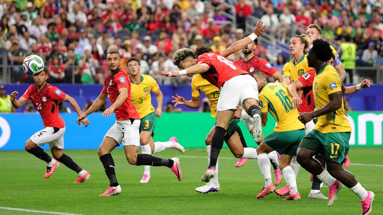 Emam Ashour of Egypt celebrates after scoring the opening goal against Australia in the World Cup round of 32 at AT&T Stadium in Dallas