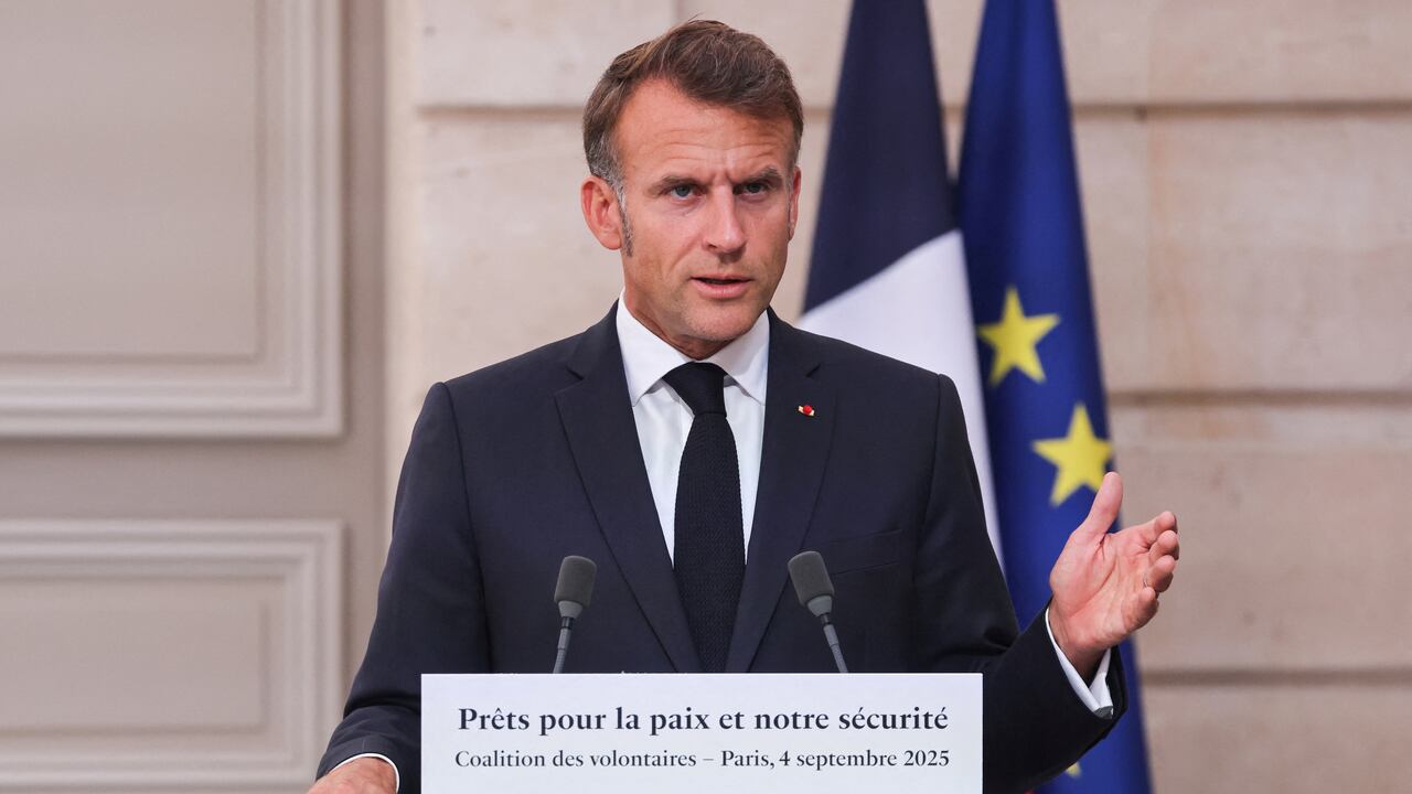 French President Emmanuel Macron discusses postwar security arrangements for Ukraine.