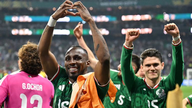 Julian Quinones celebrates after Mexico's 2-0 win over Ecuador at Estadio Azteca during 2026 World Cup