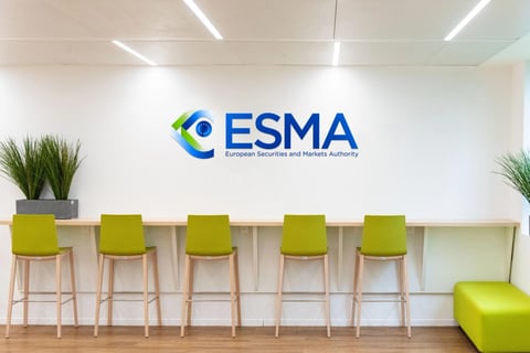 The ESMA European Securities and Markets Authority logo displayed on an office wall