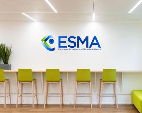 The ESMA European Securities and Markets Authority logo displayed on an office wall