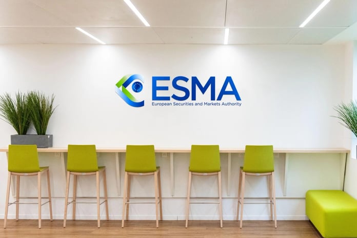The ESMA European Securities and Markets Authority logo displayed on an office wall