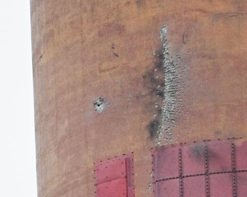 Damage to the Auvere power station chimney in Estonia after a stray Ukrainian drone strike in March 2026