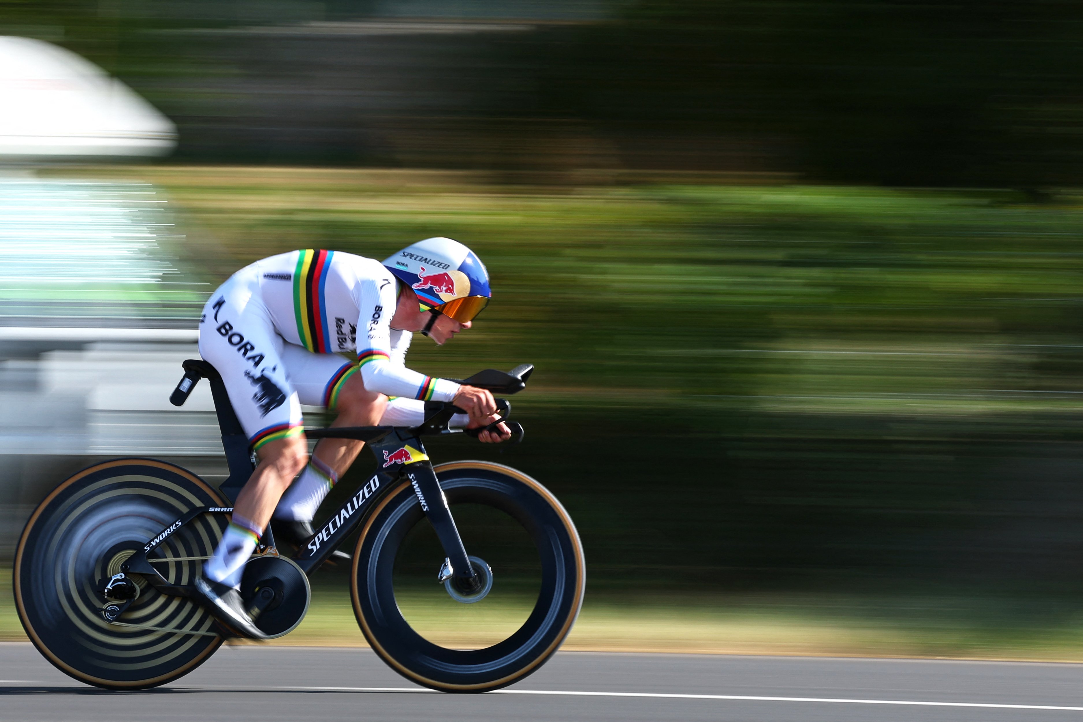 Remco Evenepoel rides during the Stage 16 time trial at the 2026 Tour de France
