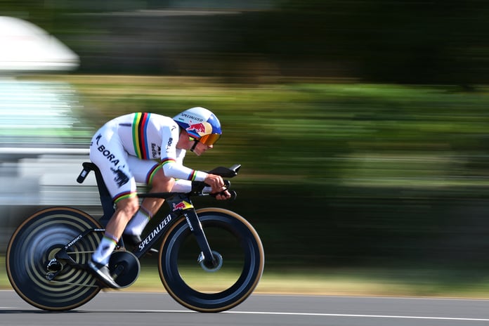 Remco Evenepoel rides during the Stage 16 time trial at the 2026 Tour de France