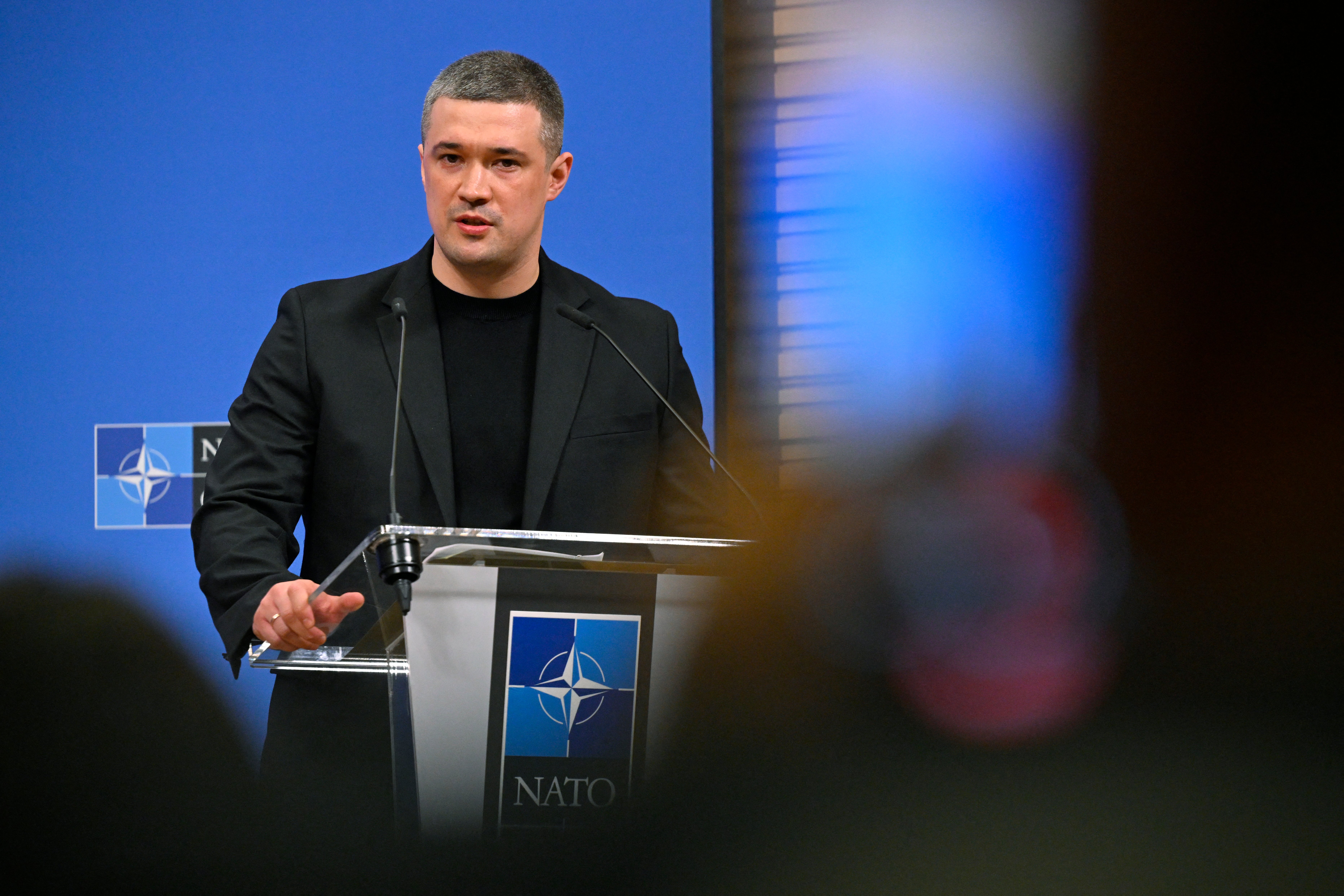 Mykhailo Fedorov speaking at a NATO summit before his dismissal as Ukraine defense minister amid Kyiv protests