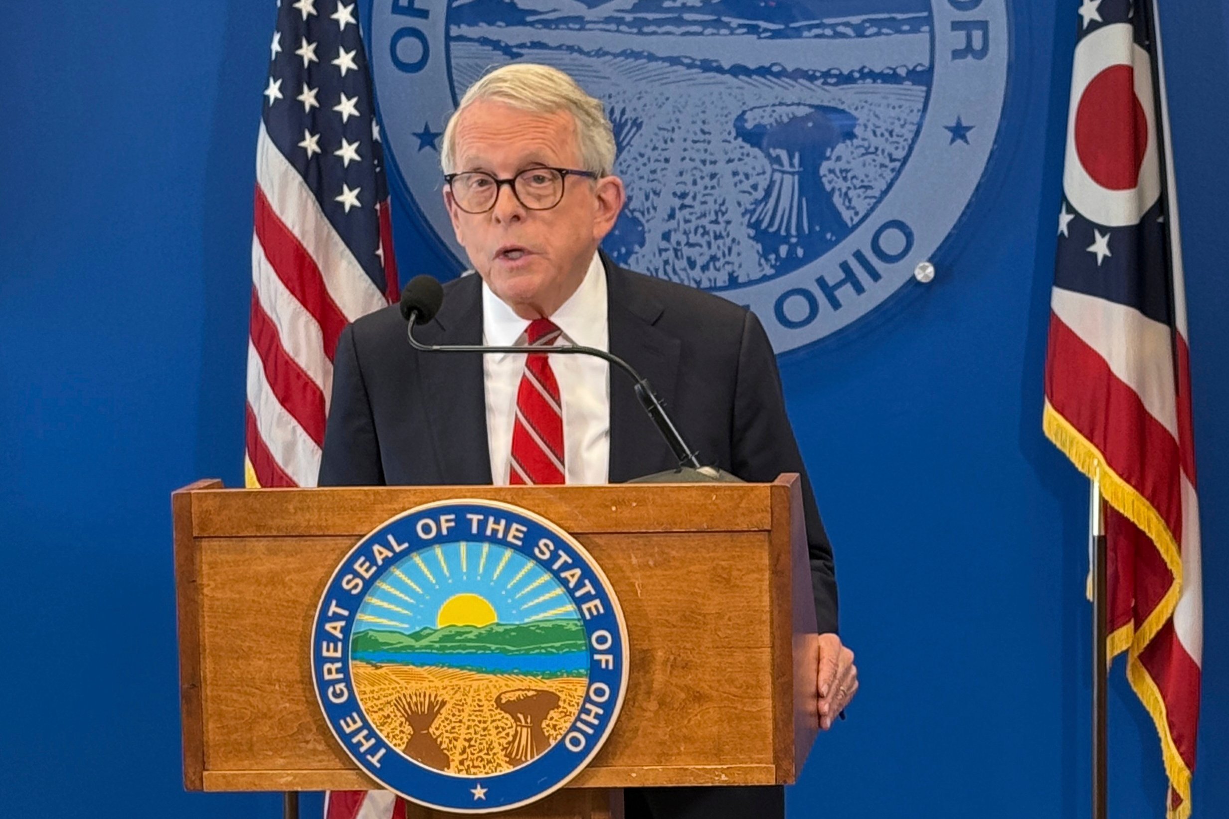 Ohio Governor Mike DeWine speaks about death penalty policy at a news conference