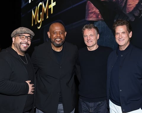 Forest Whitaker with Chris Brancato and Michael Wright at a Godfather of Harlem event