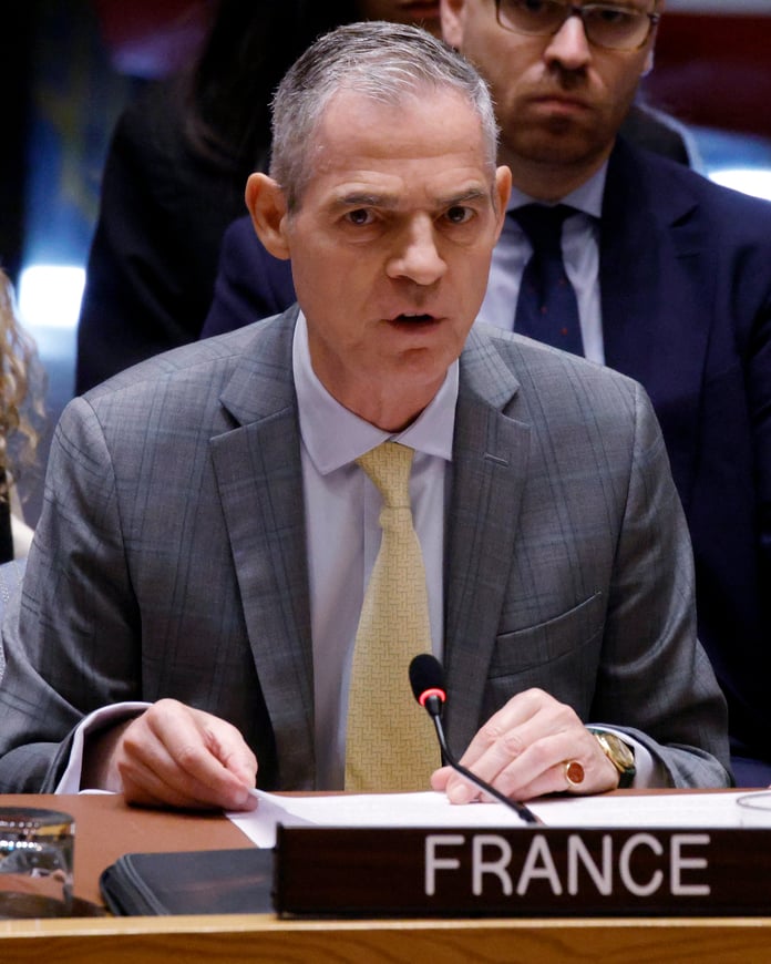 France's UN Ambassador Jerome Bonnafont addresses the Security Council during the Ukraine session, July 27, 2026