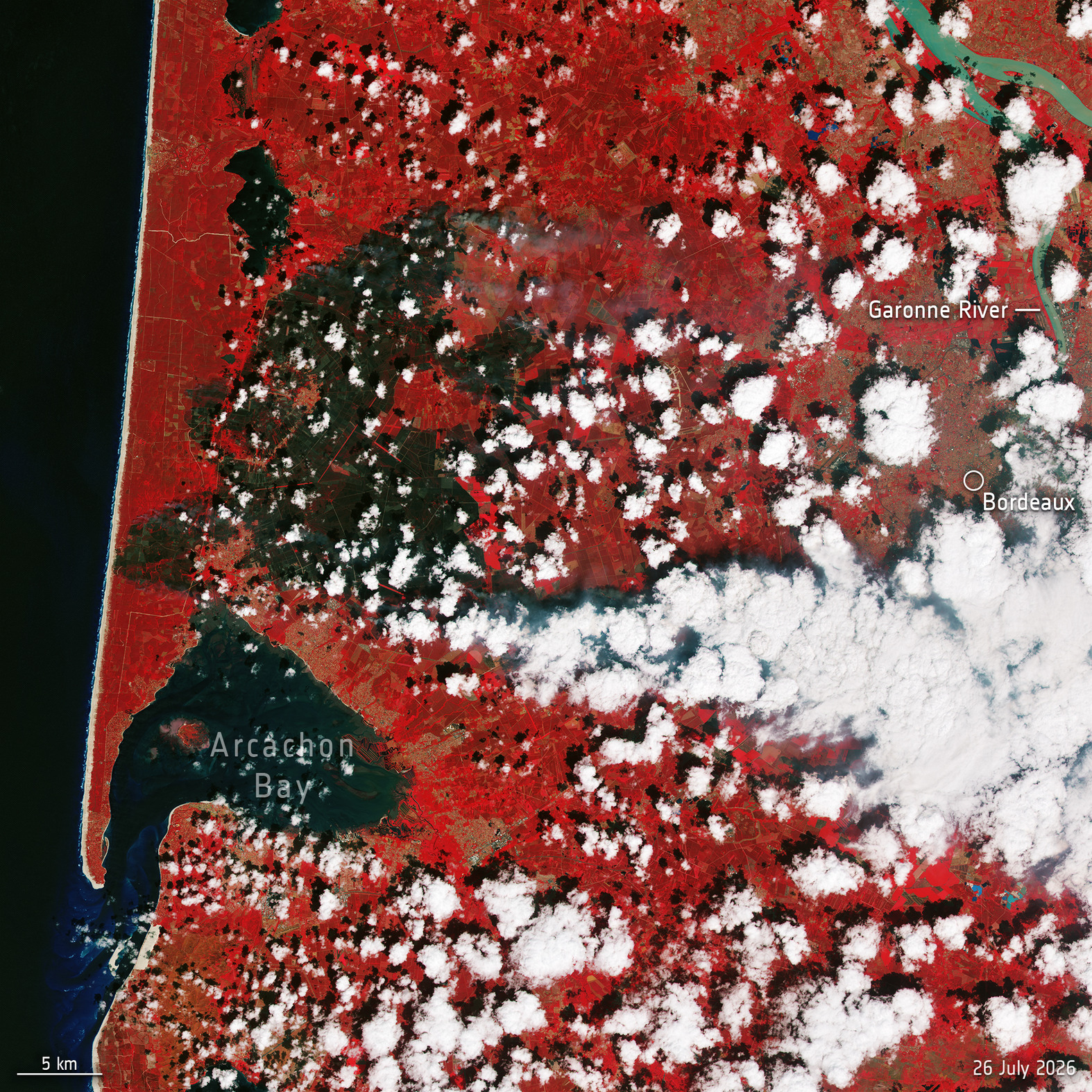 ESA satellite image showing burned areas in the Gironde near Bordeaux after July 2026 wildfires