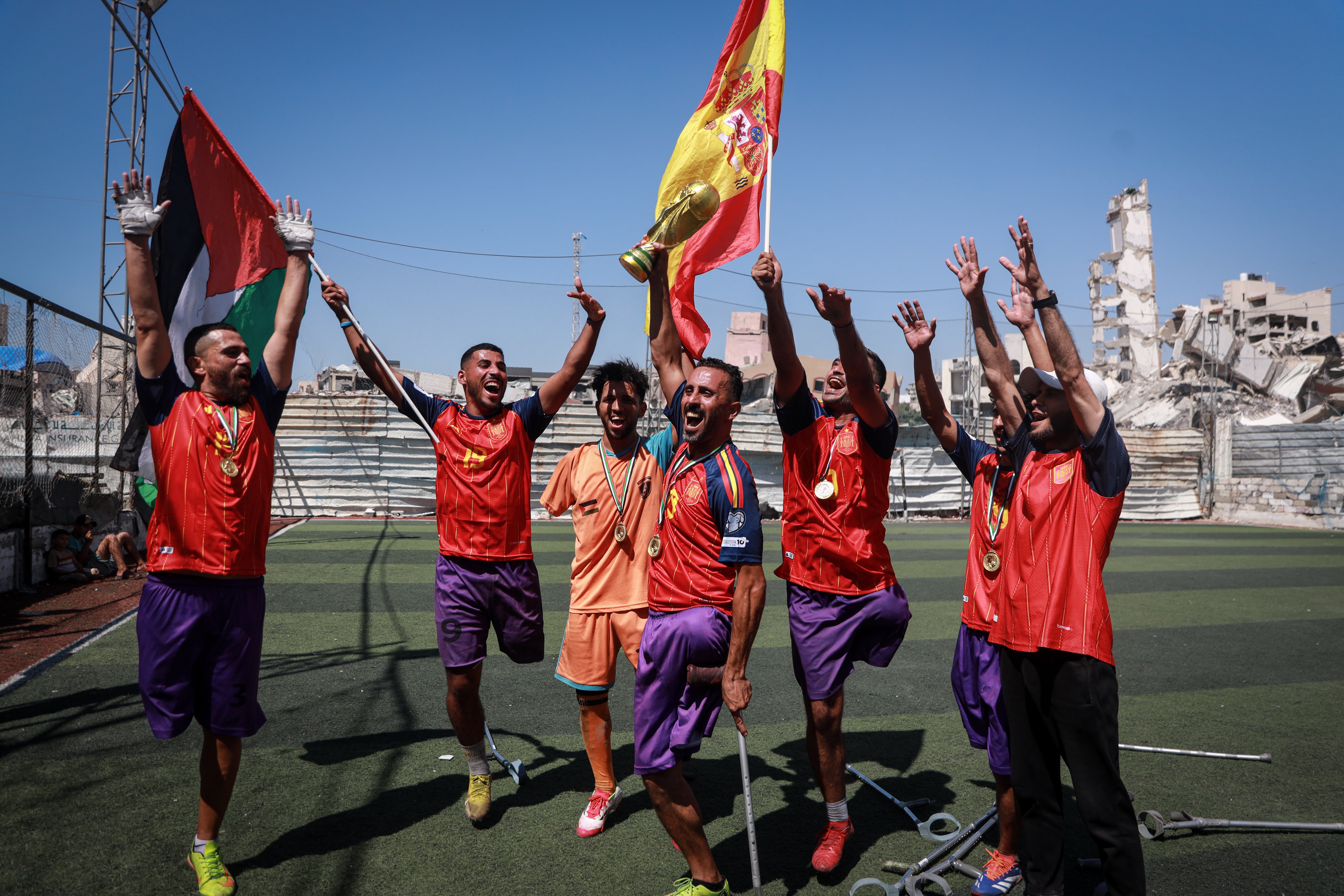 Palestinian amputee footballers in Gaza watching and supporting Spain in the 2026 World Cup Final