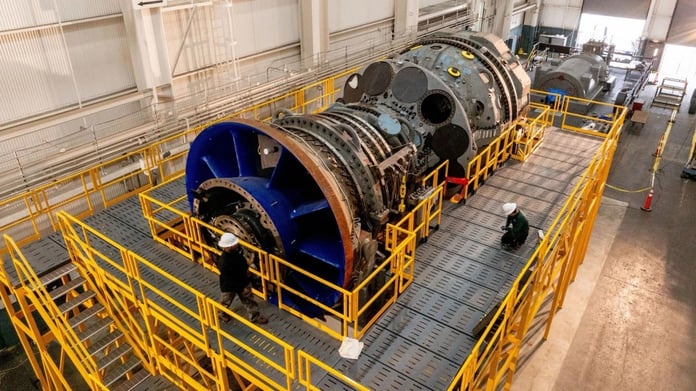 GE Vernova HA gas turbine at Houston service center, the type being used in Joulent's Project Kilby for Microsoft AI data centers