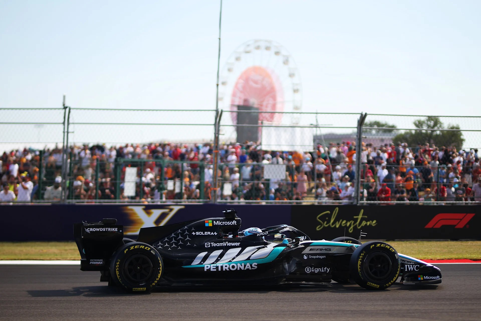 George Russell in the Mercedes during sprint qualifying at the 2026 British Grand Prix at Silverstone