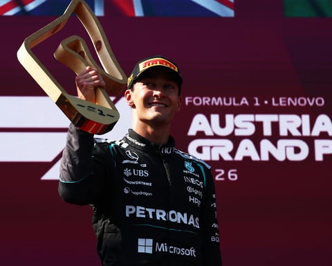George Russell celebrates winning the 2026 Austrian Grand Prix at the Red Bull Ring in Spielberg
