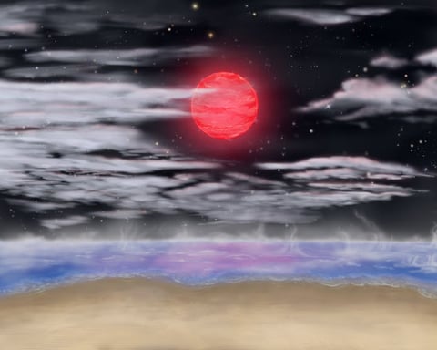 Artist's conception of the view from the surface of super-Earth exoplanet GJ 3378b or Gliese 3378b