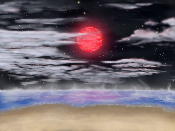 Artist's conception of the view from the surface of super-Earth exoplanet GJ 3378b or Gliese 3378b