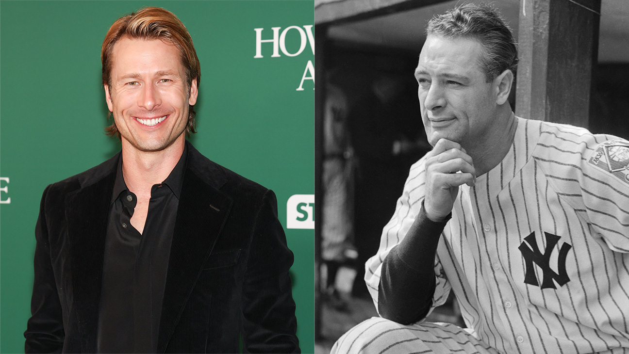 Glen Powell (left) and Lou Gehrig (right) in a composite image ahead of the Universal Pictures biopic