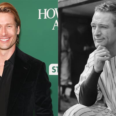 Glen Powell (left) and Lou Gehrig (right) in a composite image ahead of the Universal Pictures biopic