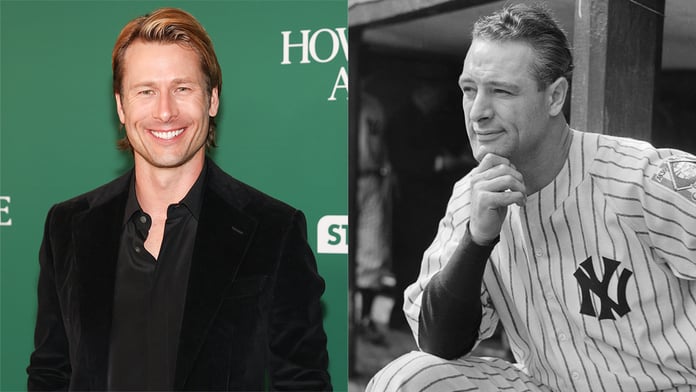 Glen Powell (left) and Lou Gehrig (right) in a composite image ahead of the Universal Pictures biopic