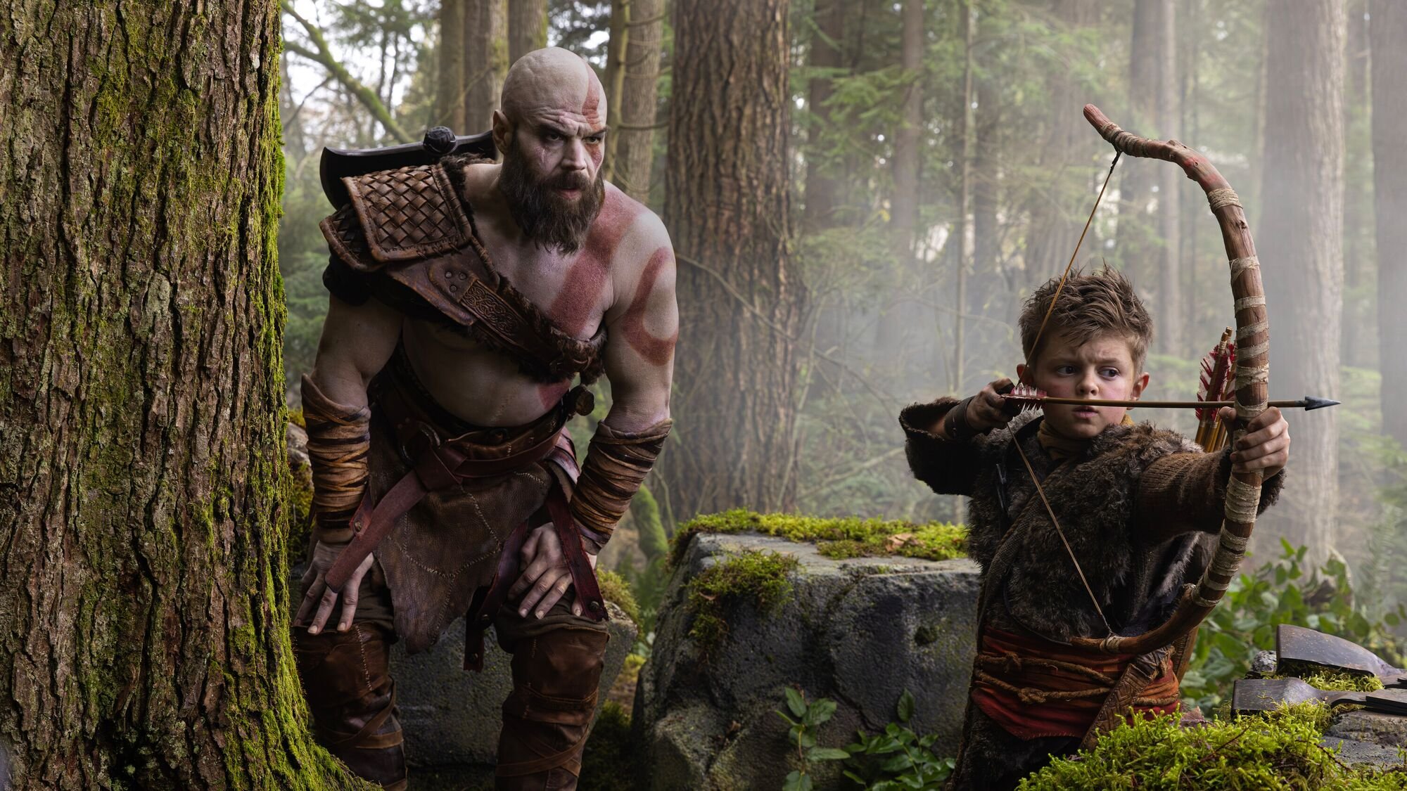 Ryan Hurst as Kratos and Callum Vinson as Atreus on the set of Amazon Prime Video God of War