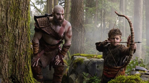 Ryan Hurst as Kratos and Callum Vinson as Atreus on the set of Amazon Prime Video God of War