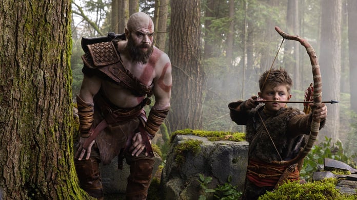 Ryan Hurst as Kratos and Callum Vinson as Atreus on the set of Amazon Prime Video God of War