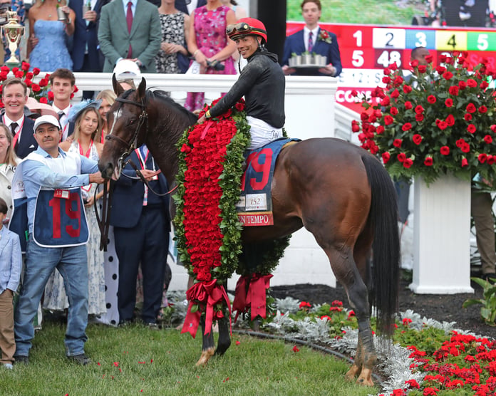 Golden Tempo in the winners circle after winning the 152nd Kentucky Derby on May 2, 2026 at Churchill Downs