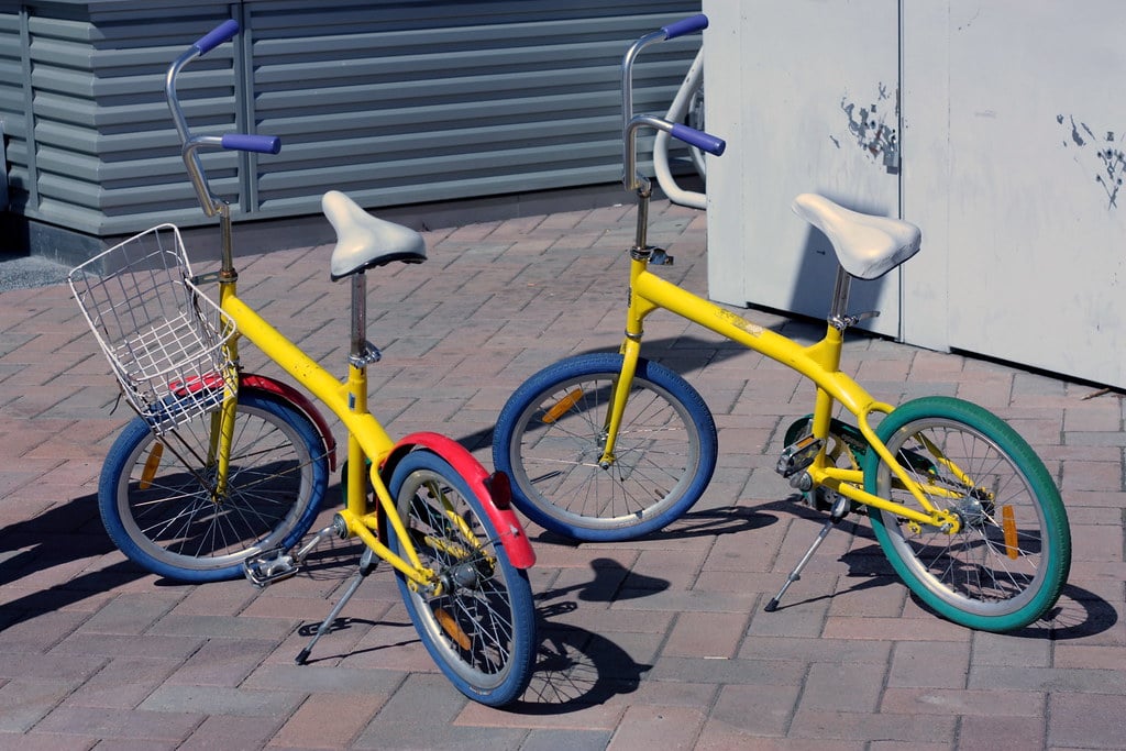 Colorful employee bicycles parked at Google campus Googleplex Mountain View