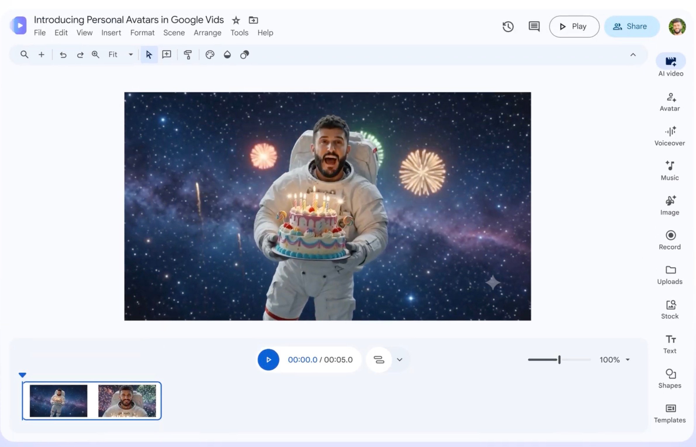 Google Vids interface showing AI avatar creation feature powered by Gemini Omni