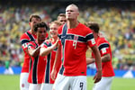 Erling Haaland of Norway celebrates scoring against Brazil in the 2026 FIFA World Cup round of 16 at MetLife Stadium, East Rutherford