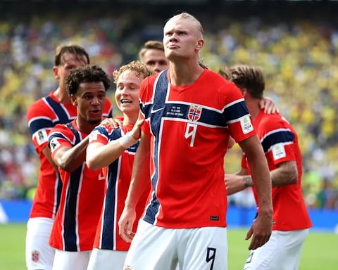Erling Haaland of Norway celebrates scoring against Brazil in the 2026 FIFA World Cup round of 16 at MetLife Stadium, East Rutherford