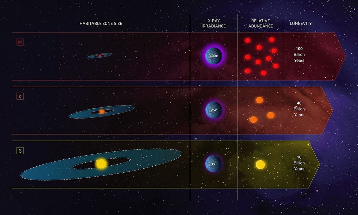 NASA infographic comparing the habitable zones of different classes of stars, including red dwarfs like Gliese 3378