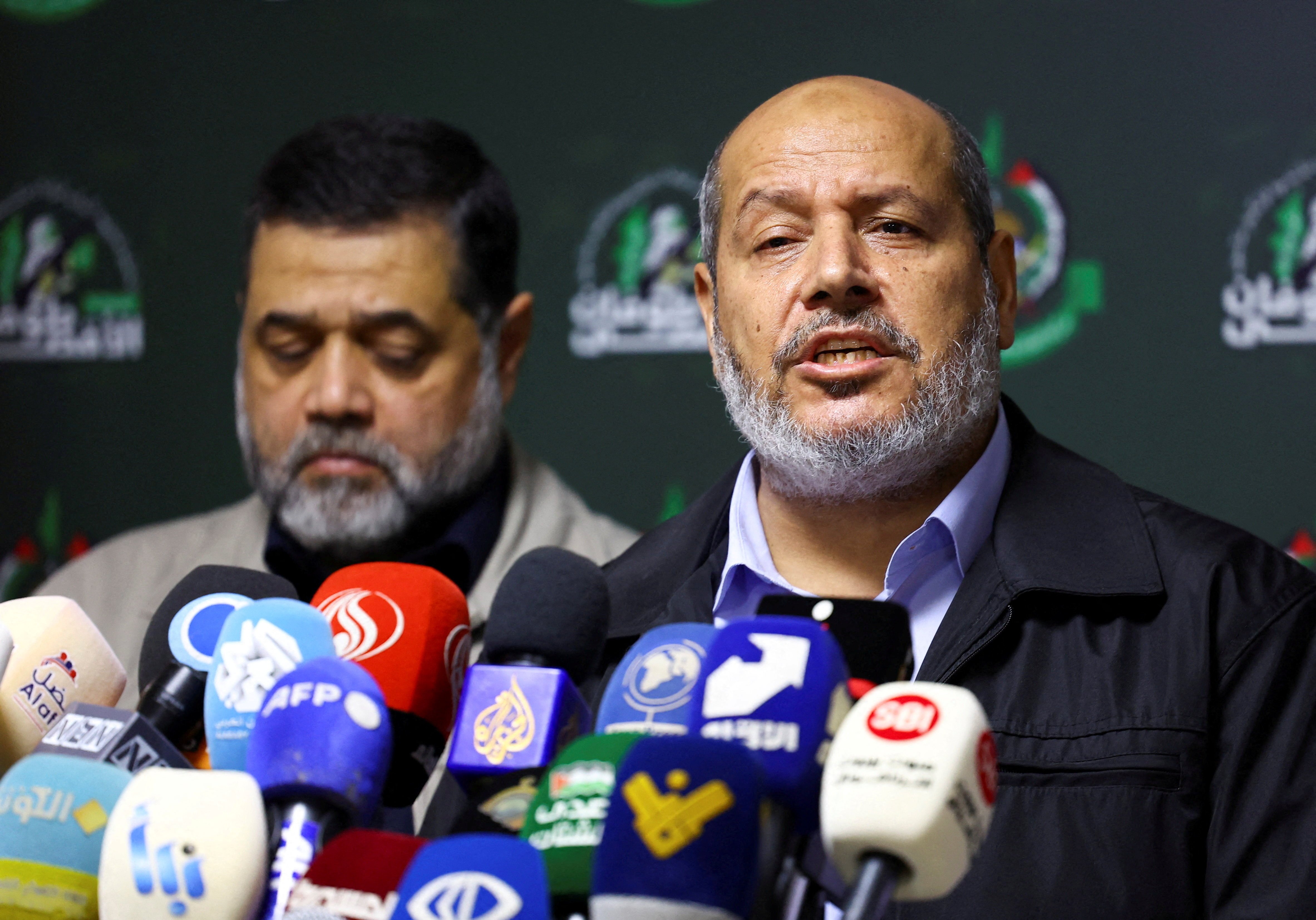 Hamas officials Khalil al-Hayya and Osama Hamdan at a press conference in Beirut, Lebanon