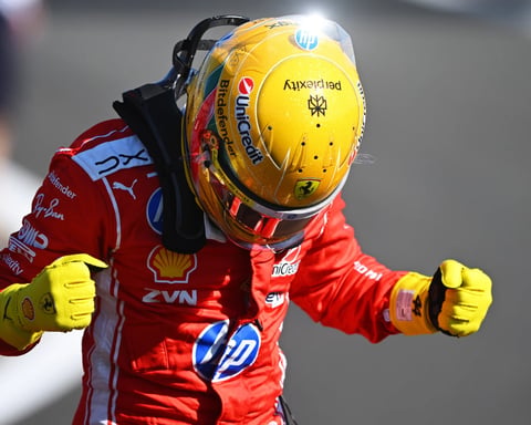 Lewis Hamilton celebrates taking sprint pole position for Ferrari at the 2026 British Grand Prix at Silverstone