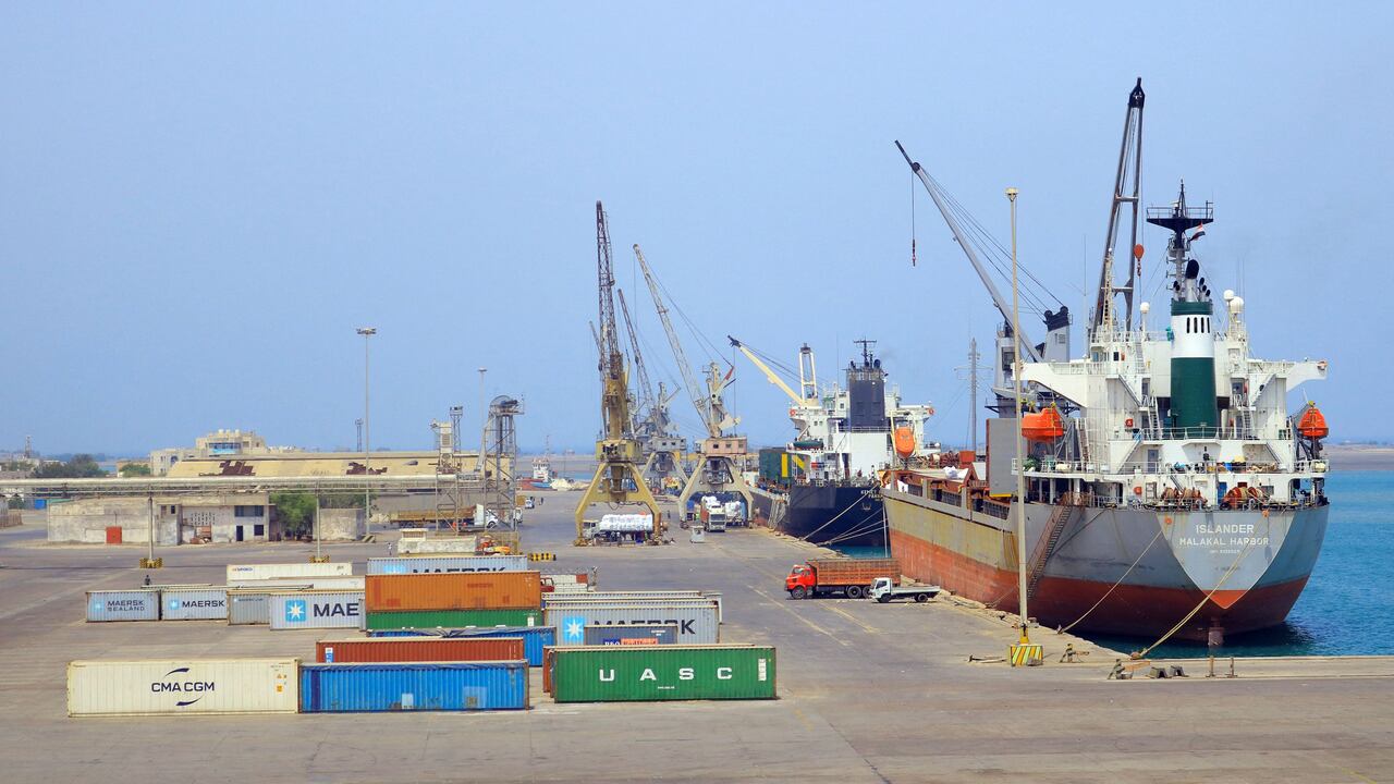 The port of Hodeida in Yemen amid Saudi airstrikes as Houthi-Saudi escalation intensifies over Red Sea shipping