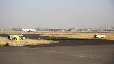 Sanaa International Airport runway in Yemen where Iranian plane landing was blocked, triggering Houthi maritime blockade declaration