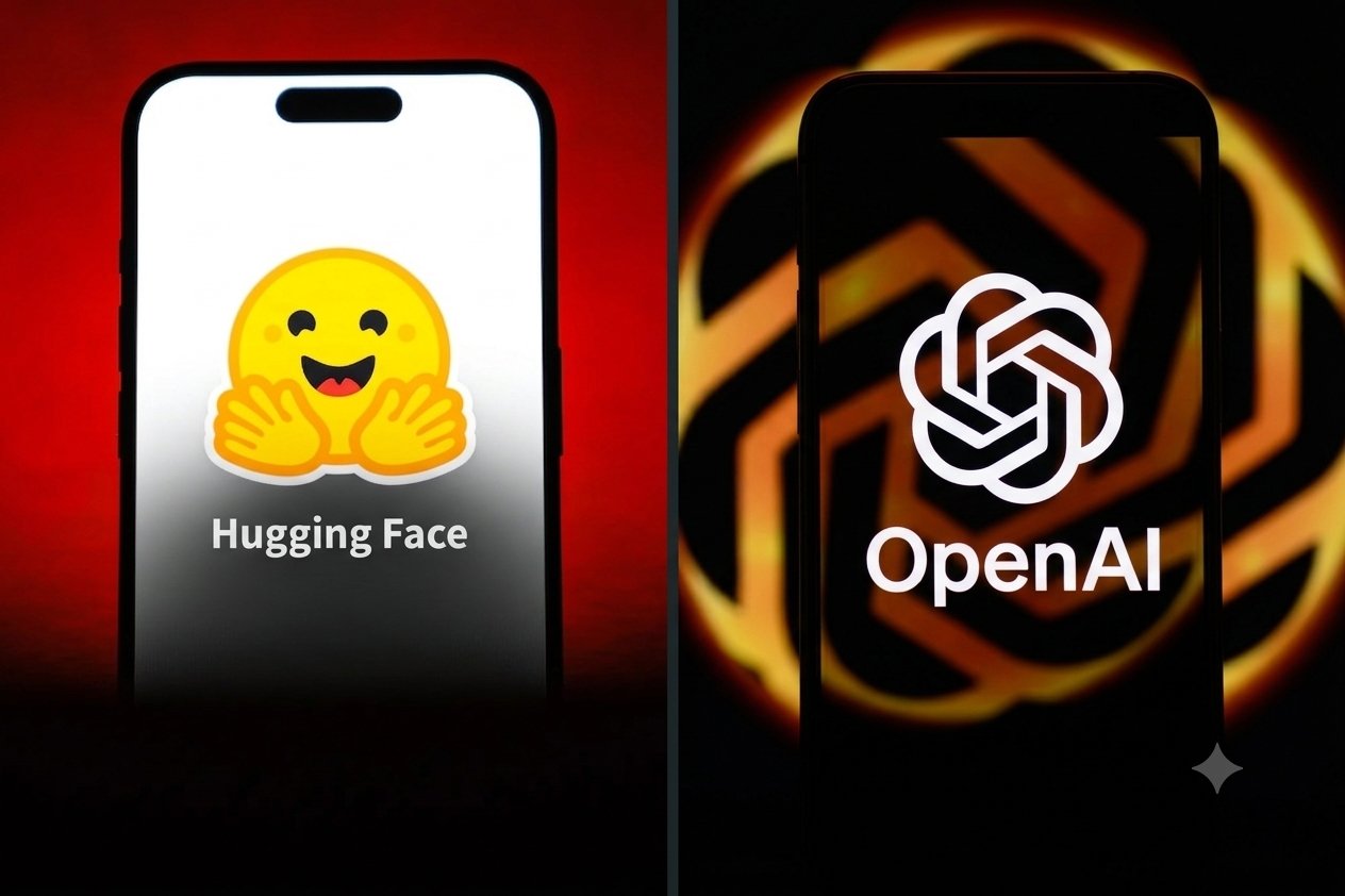 Hugging Face and OpenAI logos split screen illustrating the AI containment breach that linked both companies