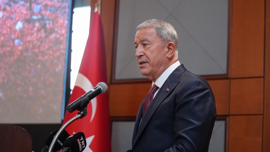 Turkish parliamentary defense committee head Hulusi Akar speaks to media following US-Turkey defense talks in Washington, July 17, 2026