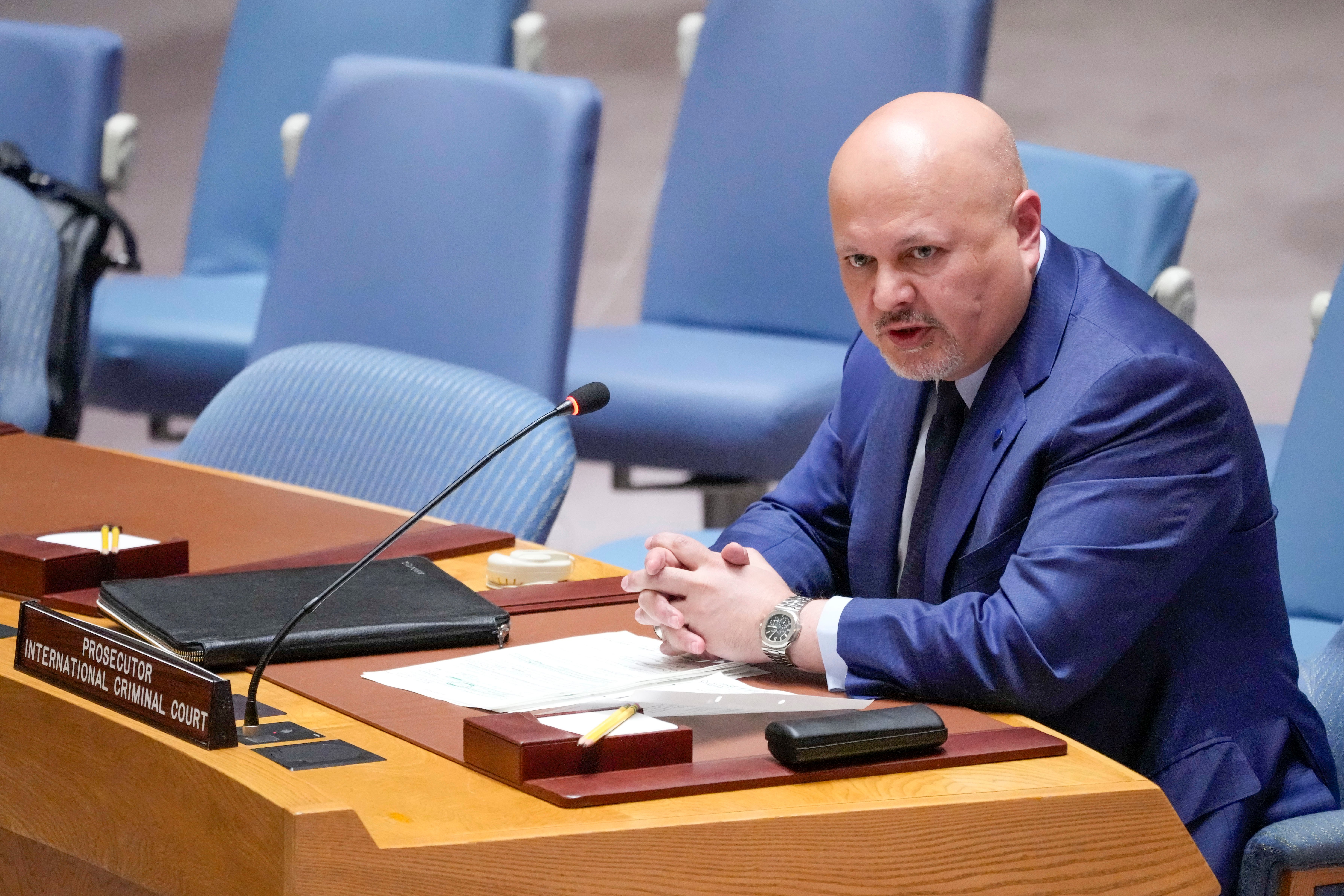 ICC Chief Prosecutor Karim Khan addresses the UN Security Council on Sudan in July 2023, months before seeking arrest warrants for Netanyahu and Gallant