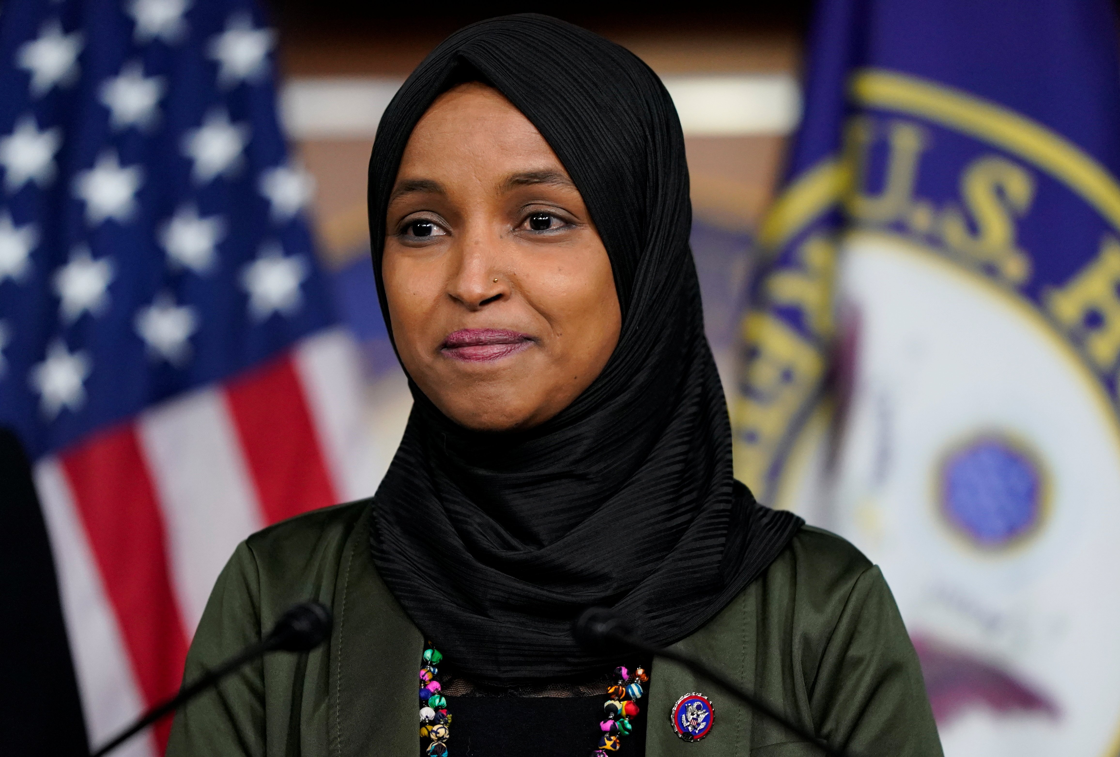 Rep. Ilhan Omar at a Capitol Hill news conference as she introduces resolution for the US to join the International Criminal Court