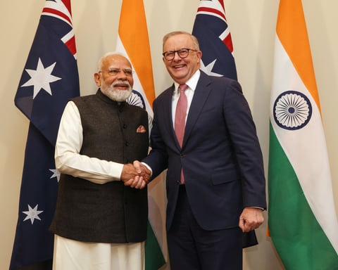 Modi and Albanese at India-Australia uranium deal signing ceremony in Melbourne