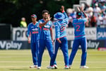 India cricket team players celebrate during the T20I series against England at Old Trafford Manchester