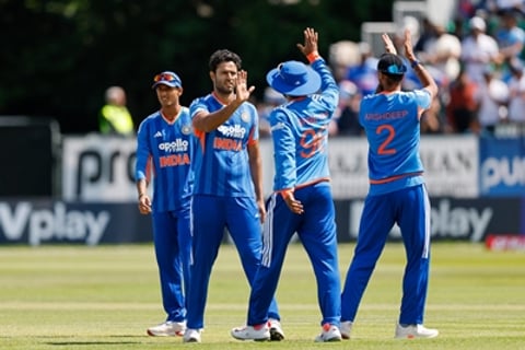 India cricket team players celebrate during the T20I series against England at Old Trafford Manchester