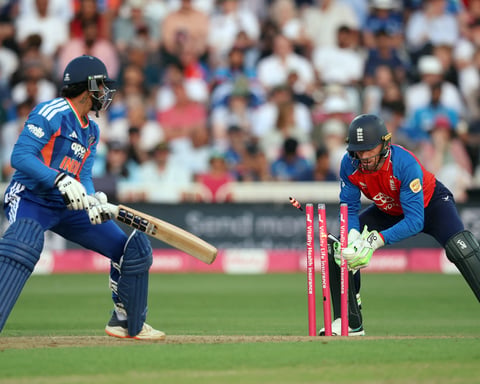 India's Tilak Varma stumped by England's Jos Buttler at Trent Bridge during T20 series