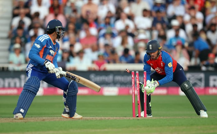 India's Tilak Varma stumped by England's Jos Buttler at Trent Bridge during T20 series