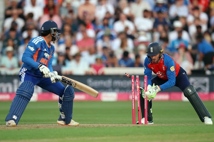India's Tilak Varma stumped by England's Jos Buttler at Trent Bridge during T20 series