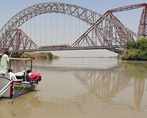 People on the Indus River near Lansdowne Bridge Sukkur Sindh Pakistan