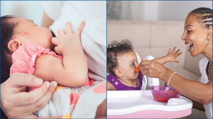 Infant breastfeeding and mother feeding a toddler in a highchair, illustrating early childhood nutrition