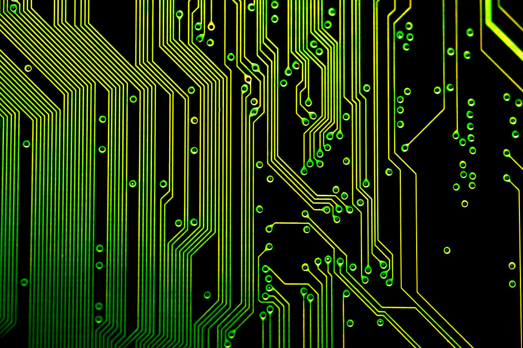 Electronic circuit board representing Intel Foundry manufacturing expansion growing 31 percent in Q2 2026