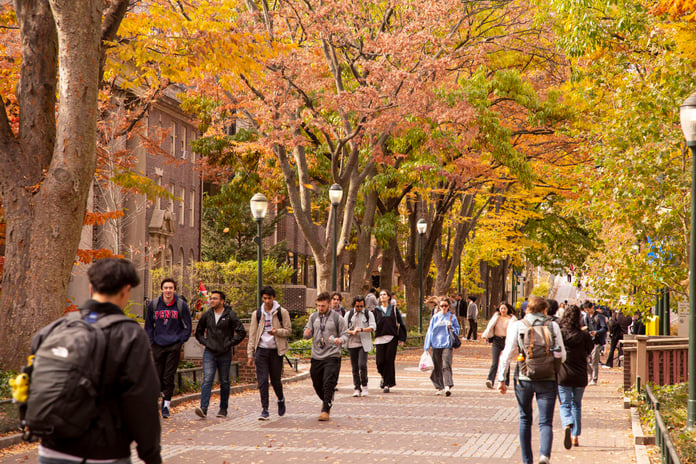 International students walk across a US university campus